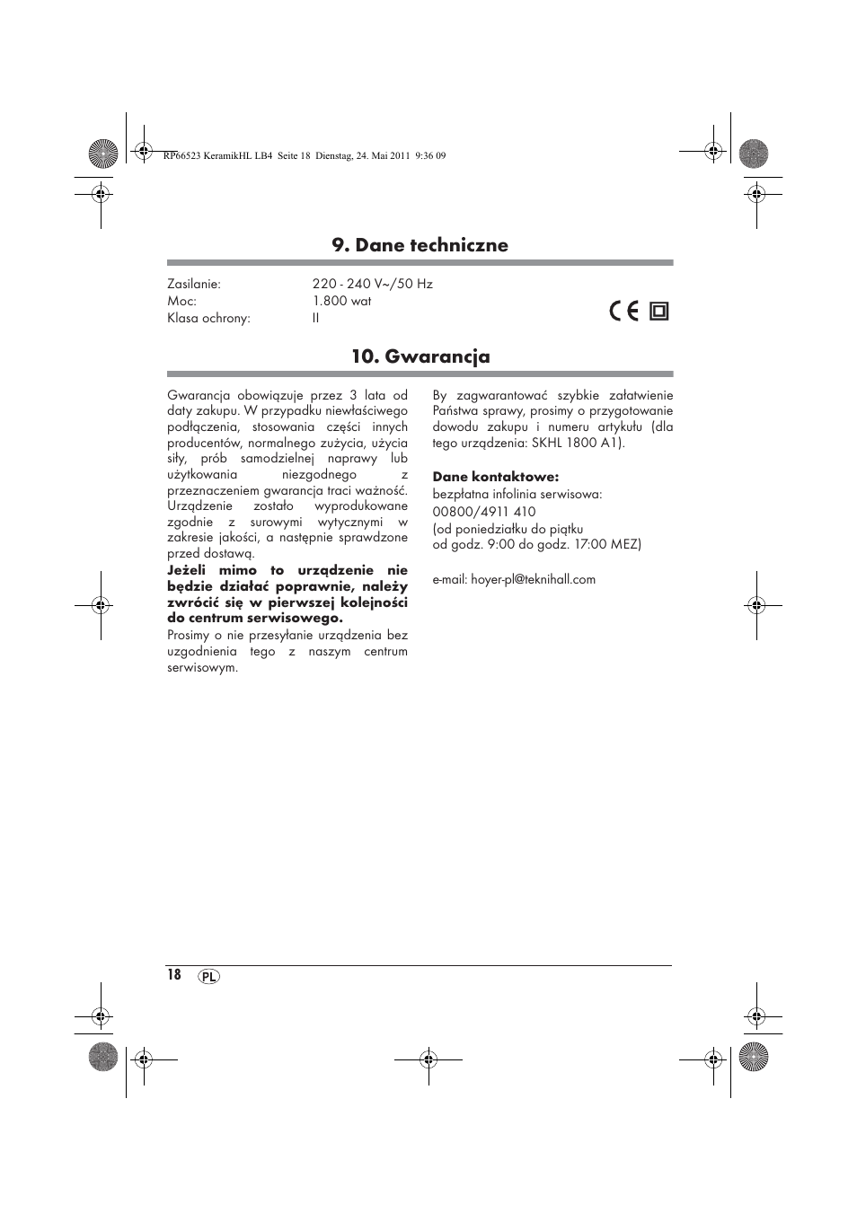 Dane techniczne, Gwarancja | Silvercrest SKHL 1800 A1 User Manual | Page 20 / 66