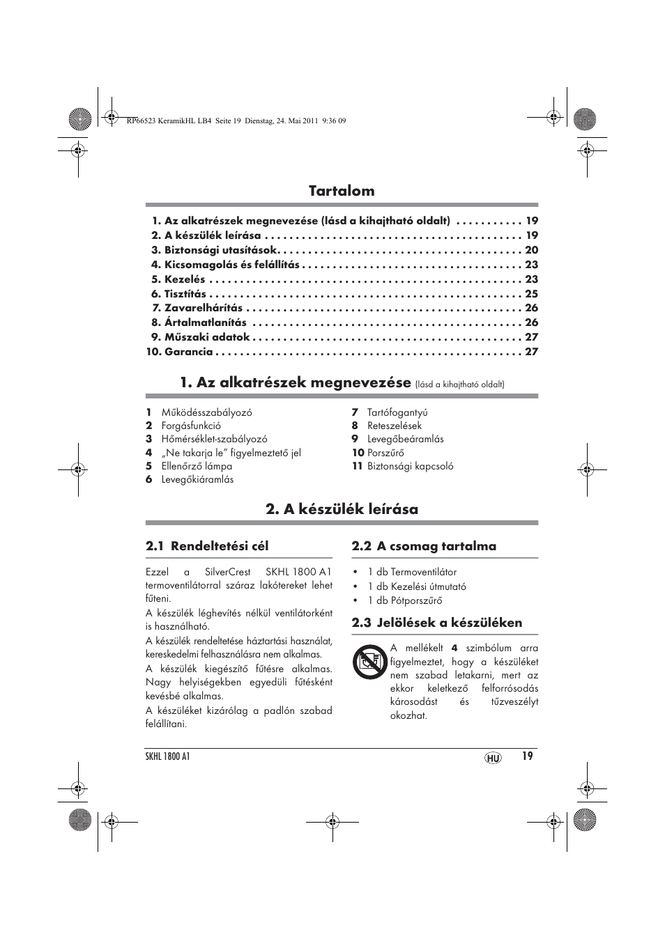 Tartalom, Az alkatrészek megnevezése, A készülék leírása | Silvercrest SKHL 1800 A1 User Manual | Page 21 / 66