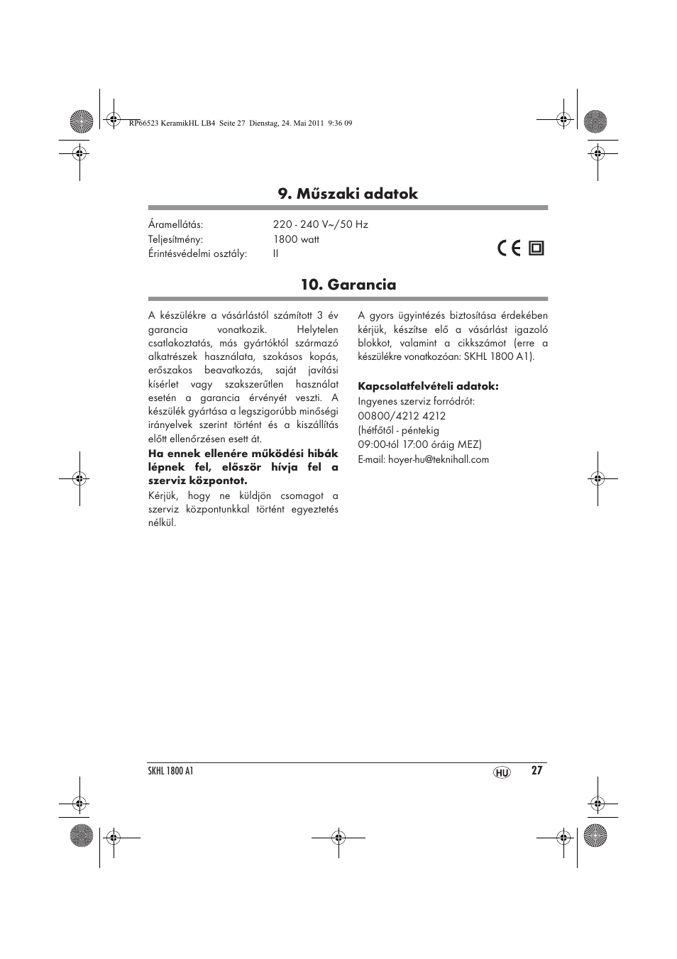 Műszaki adatok, Garancia | Silvercrest SKHL 1800 A1 User Manual | Page 29 / 66