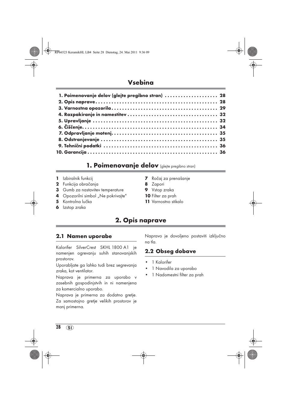 Vsebina, Poimenovanje delov, Opis naprave | Silvercrest SKHL 1800 A1 User Manual | Page 30 / 66