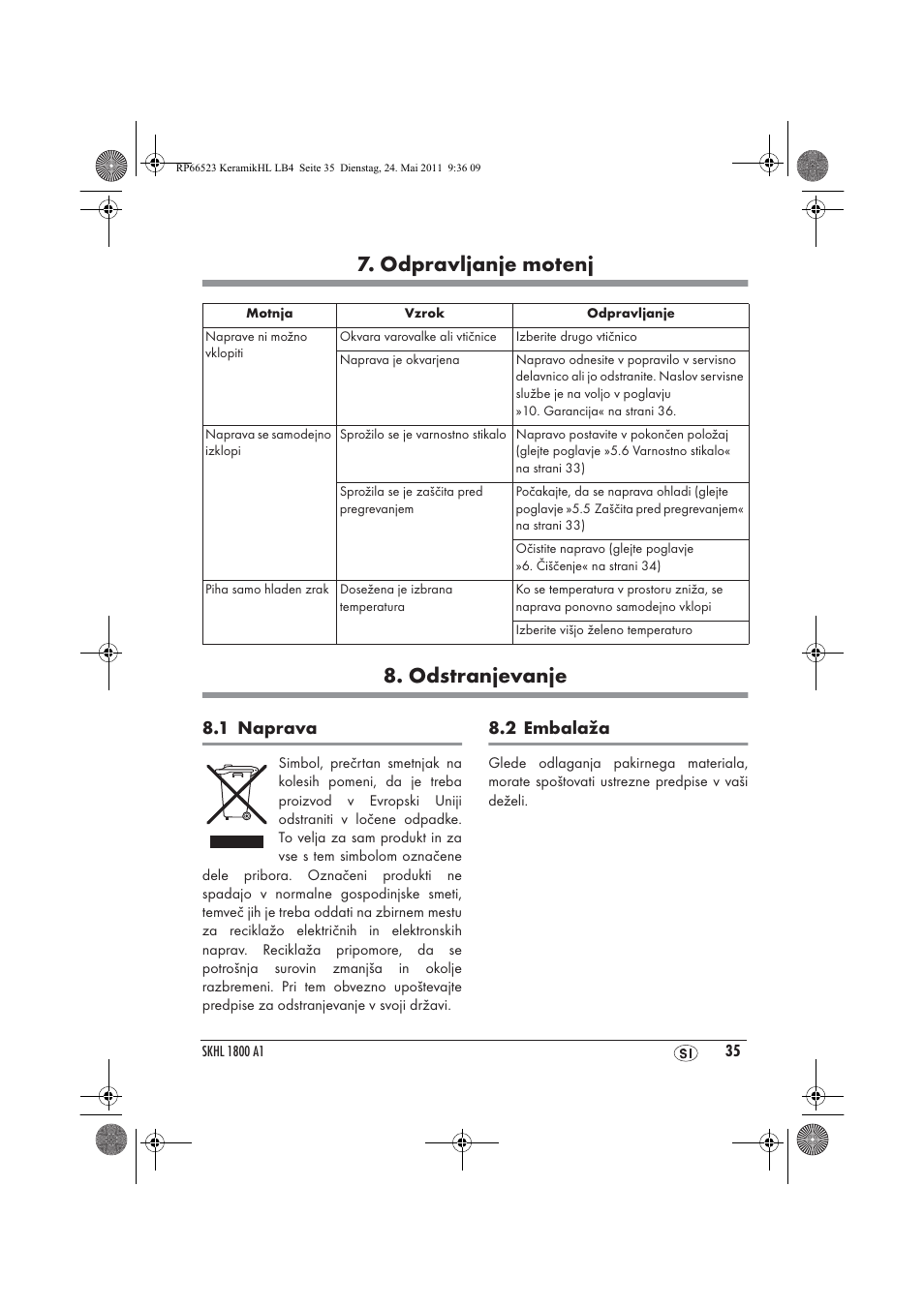 Odpravljanje motenj 8. odstranjevanje, 1 naprava, 2 embalaža | Silvercrest SKHL 1800 A1 User Manual | Page 37 / 66