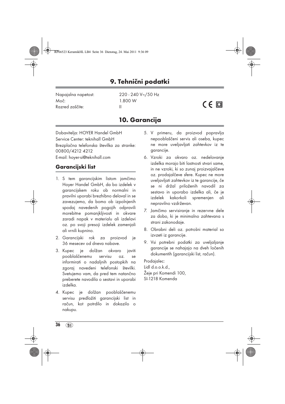 Tehnični podatki, Garancija | Silvercrest SKHL 1800 A1 User Manual | Page 38 / 66