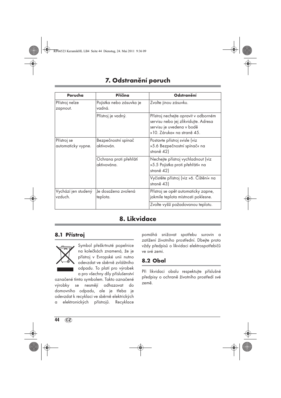 Odstranění poruch 8. likvidace | Silvercrest SKHL 1800 A1 User Manual | Page 46 / 66