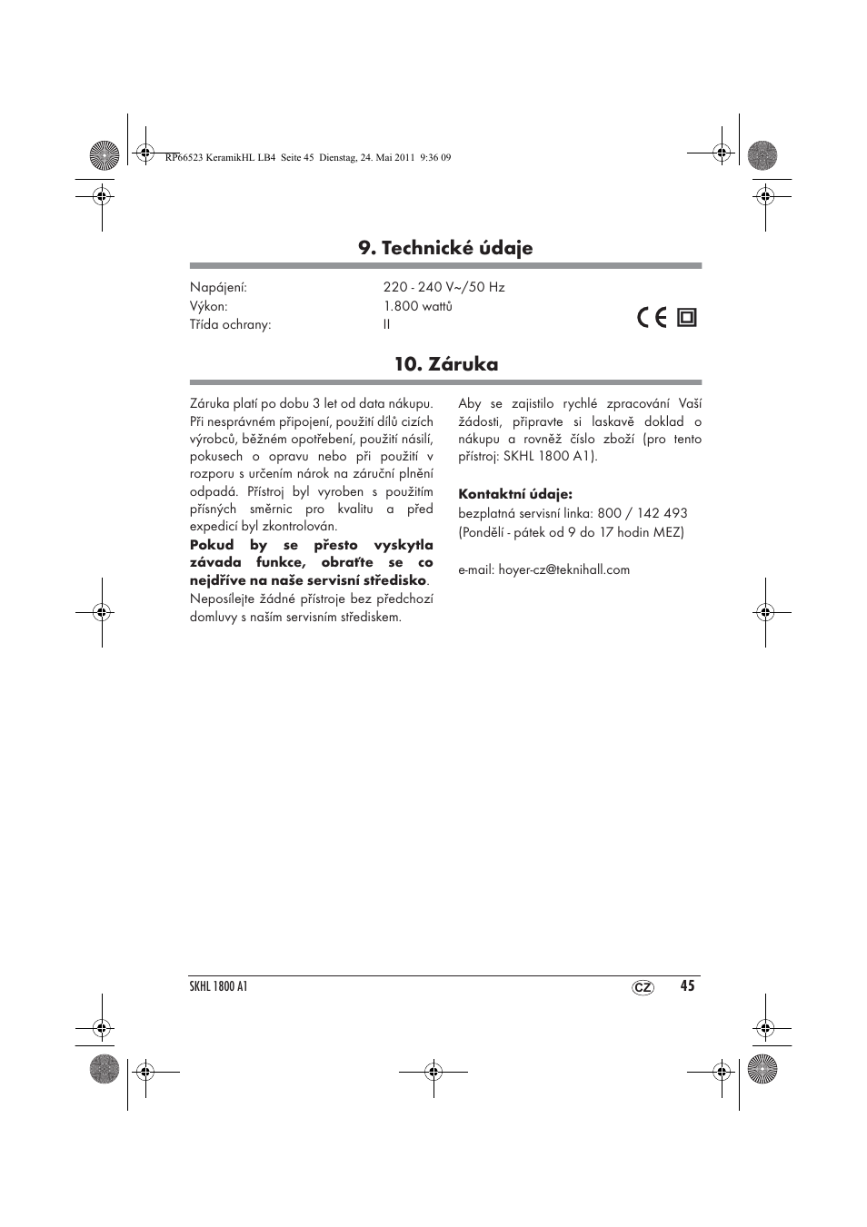 Technické údaje, Záruka | Silvercrest SKHL 1800 A1 User Manual | Page 47 / 66