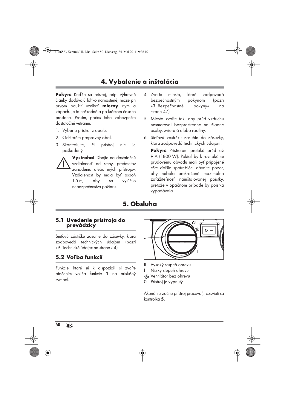 Vybalenie a inštalácia, Obsluha | Silvercrest SKHL 1800 A1 User Manual | Page 52 / 66