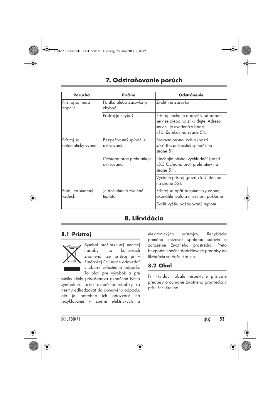 Odstraňovanie porúch 8. likvidácia | Silvercrest SKHL 1800 A1 User Manual | Page 55 / 66