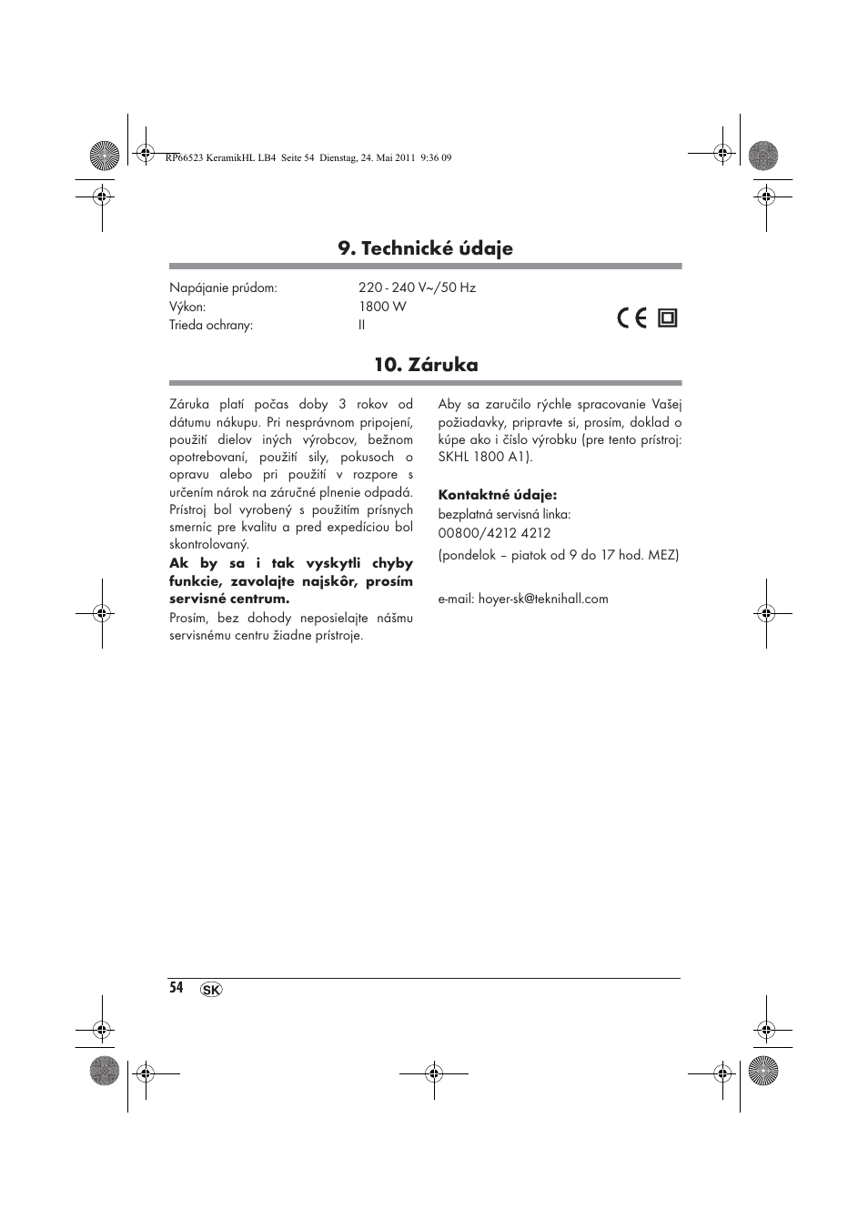 Technické údaje, Záruka | Silvercrest SKHL 1800 A1 User Manual | Page 56 / 66