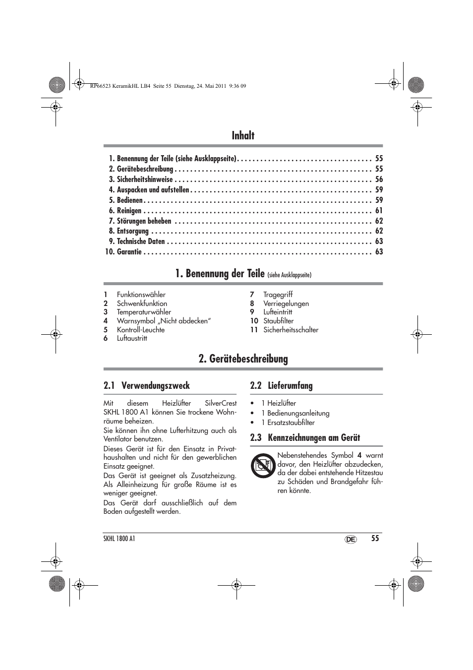 Inhalt, Benennung der teile, Gerätebeschreibung | 1 verwendungszweck, 2 lieferumfang, 3 kennzeichnungen am gerät | Silvercrest SKHL 1800 A1 User Manual | Page 57 / 66