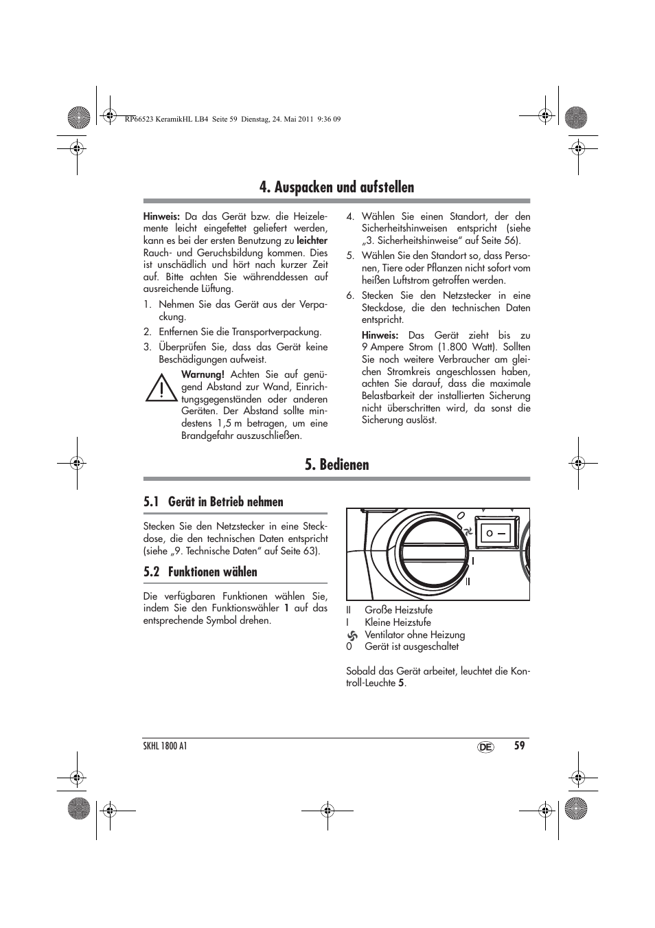 Auspacken und aufstellen, Bedienen, 1 gerät in betrieb nehmen | 2 funktionen wählen | Silvercrest SKHL 1800 A1 User Manual | Page 61 / 66