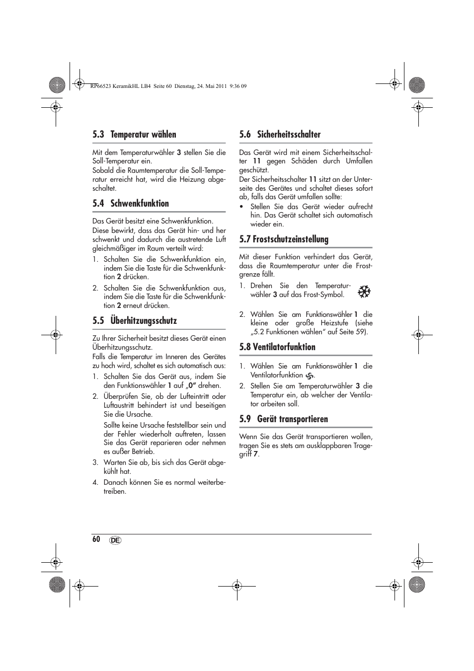 3 temperatur wählen, 4 schwenkfunktion, 5 überhitzungsschutz | 6 sicherheitsschalter, 7 frostschutzeinstellung, 8 ventilatorfunktion, 9 gerät transportieren | Silvercrest SKHL 1800 A1 User Manual | Page 62 / 66