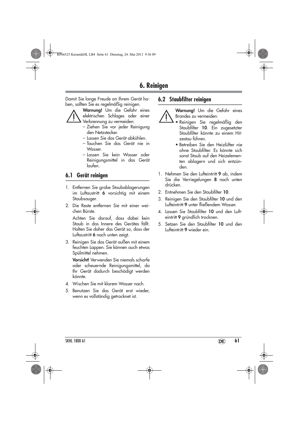 Reinigen, 1 gerät reinigen, 2 staubﬁlter reinigen | Silvercrest SKHL 1800 A1 User Manual | Page 63 / 66