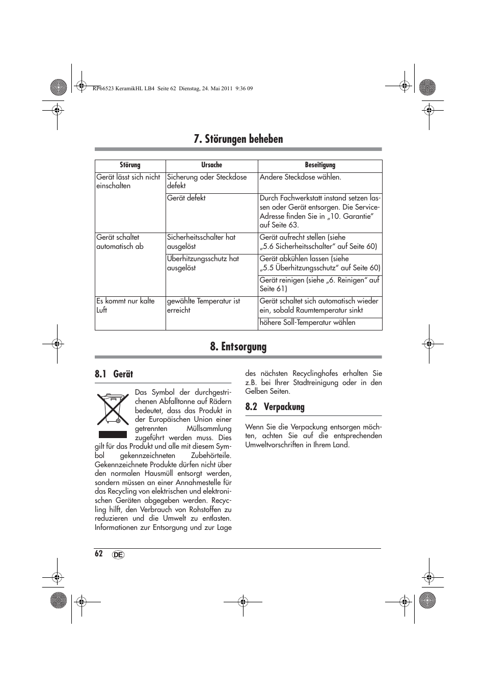 Störungen beheben 8. entsorgung, 1 gerät, 2 verpackung | Silvercrest SKHL 1800 A1 User Manual | Page 64 / 66