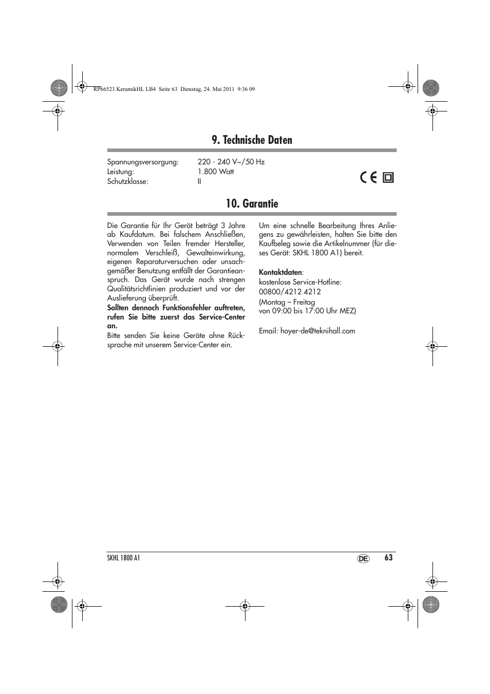 Technische daten, Garantie | Silvercrest SKHL 1800 A1 User Manual | Page 65 / 66