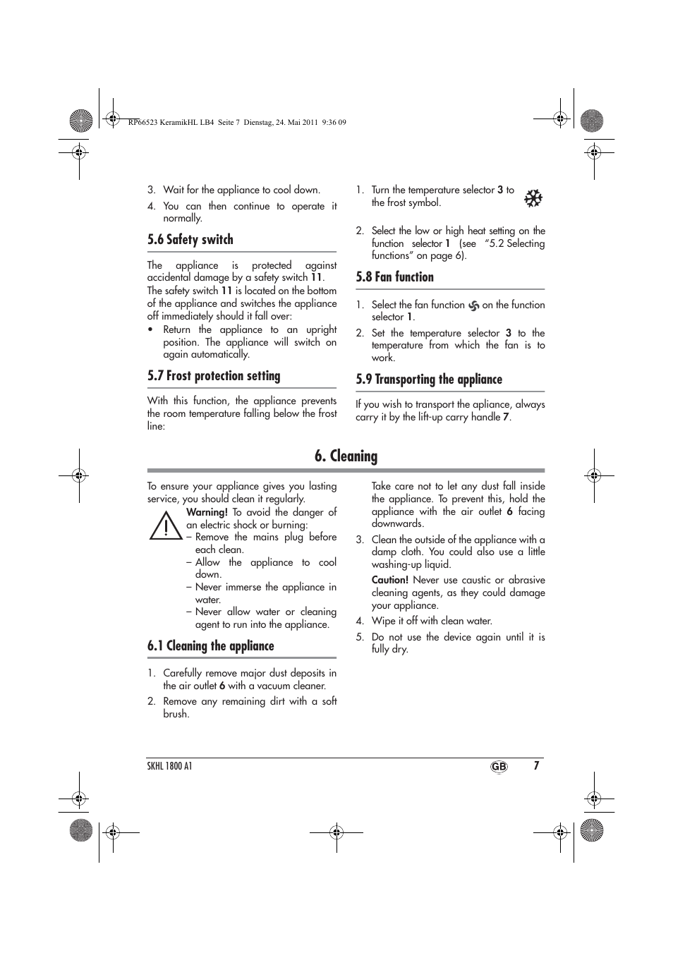 Cleaning, 6 safety switch, 7 frost protection setting | 8 fan function, 9 transporting the appliance, 1 cleaning the appliance | Silvercrest SKHL 1800 A1 User Manual | Page 9 / 66