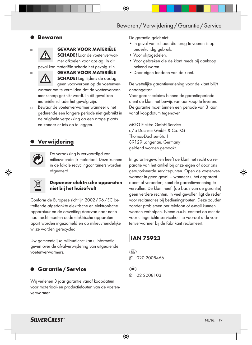 Bewaren / verwijdering / garantie / service, Bewaren, Verwijdering | Garantie / service | Silvercrest SFW 100 A2 User Manual | Page 15 / 32