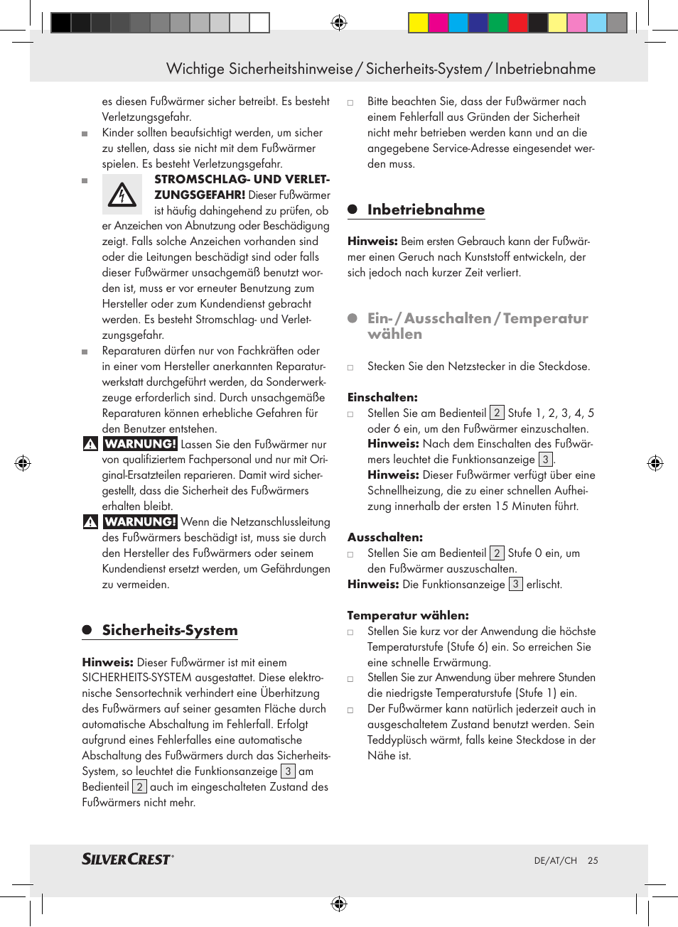 Sicherheits-system, Inbetriebnahme, Ein- / ausschalten / temperatur wählen | Silvercrest SFW 100 A2 User Manual | Page 21 / 32