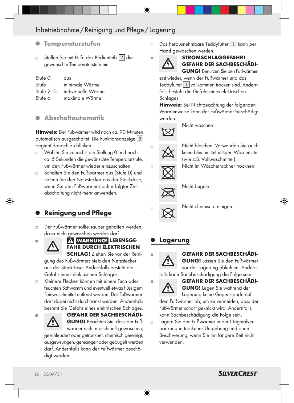 Inbetriebnahme / reinigung und pflege / lagerung, Temperaturstufen, Abschaltautomatik | Reinigung und pflege, Lagerung | Silvercrest SFW 100 A2 User Manual | Page 22 / 32