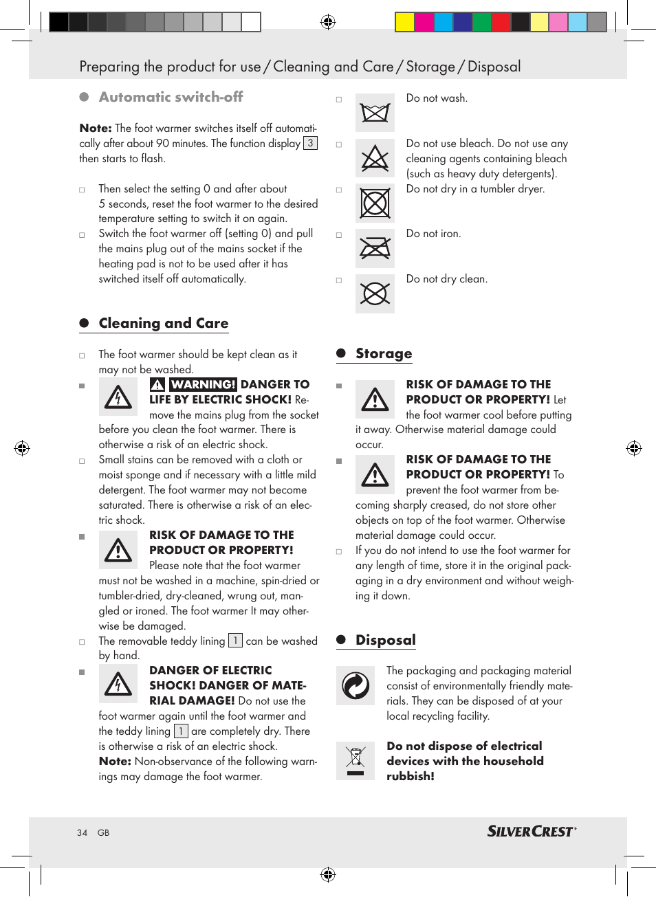 Automatic switch-off, Cleaning and care, Storage | Disposal | Silvercrest SFW 100 A2 User Manual | Page 30 / 32