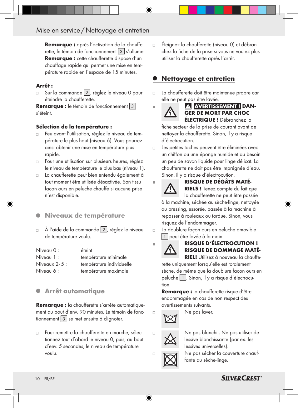 Mise en service / nettoyage et entretien, Niveaux de température, Arrêt automatique | Nettoyage et entretien | Silvercrest SFW 100 A2 User Manual | Page 6 / 32