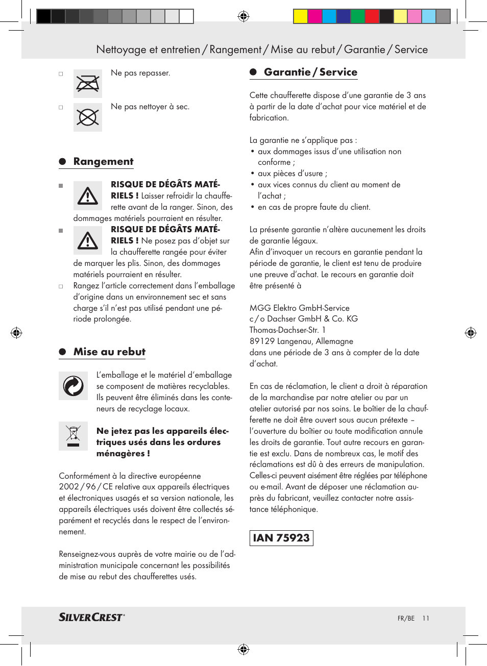 Rangement, Mise au rebut, Garantie / service | Silvercrest SFW 100 A2 User Manual | Page 7 / 32