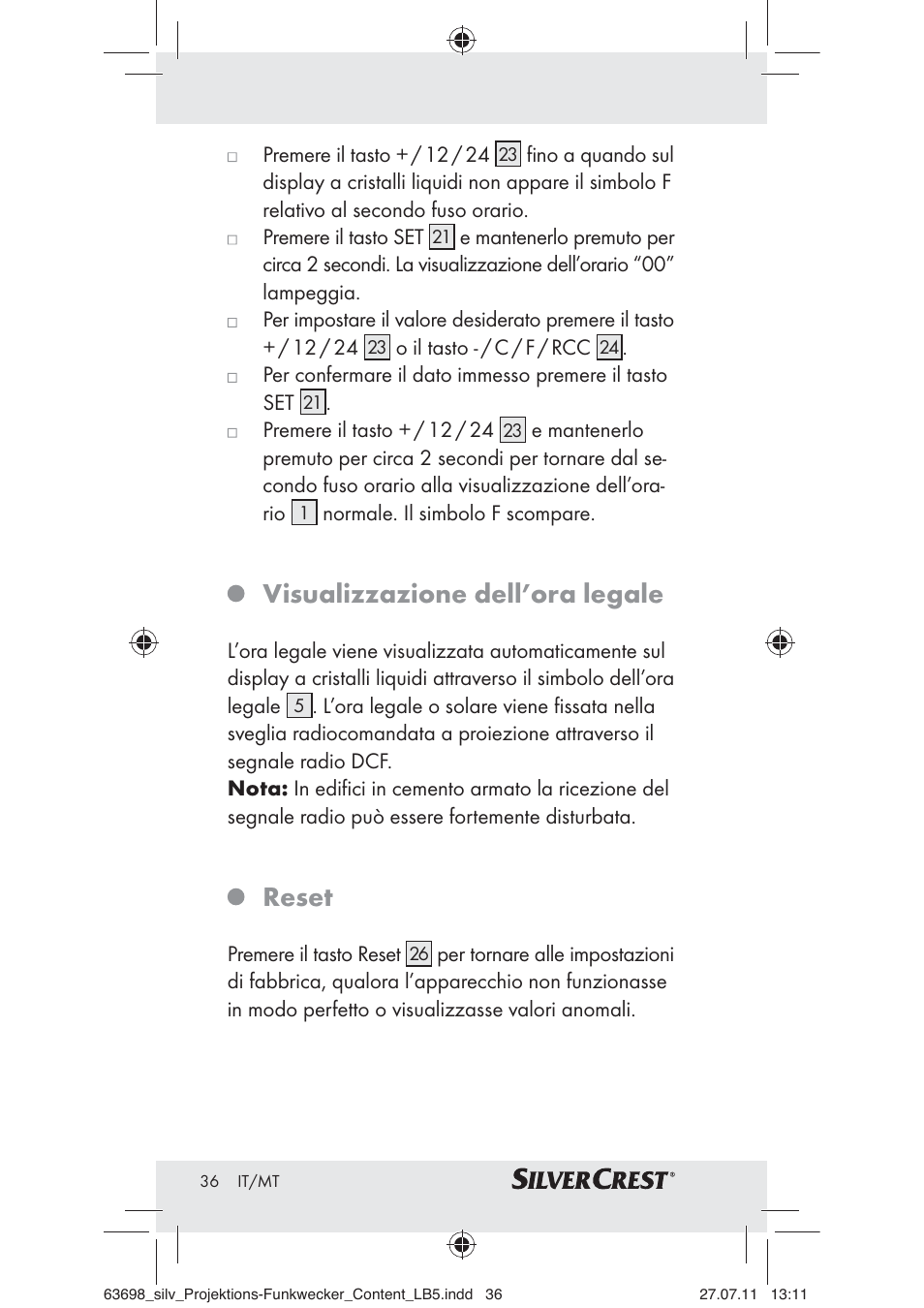 Visualizzazione dell’ora legale, Reset | Silvercrest Z30951A Z30951B Z30951C User Manual | Page 38 / 88