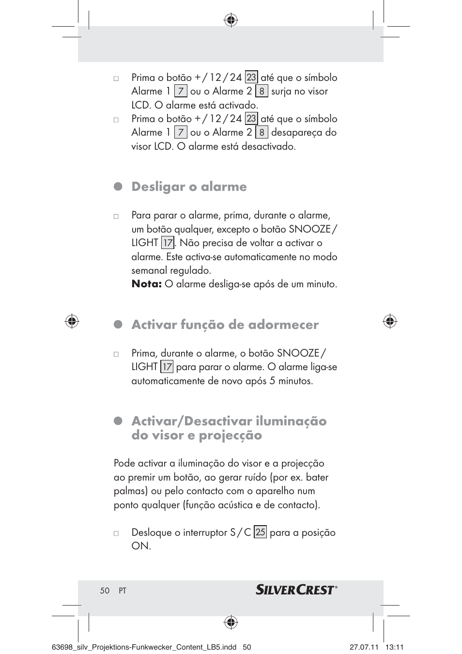 Desligar o alarme, Activar função de adormecer, Activar/desactivar iluminação do visor e projecção | Silvercrest Z30951A Z30951B Z30951C User Manual | Page 52 / 88