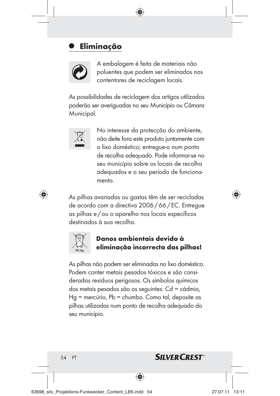 Eliminação | Silvercrest Z30951A Z30951B Z30951C User Manual | Page 56 / 88