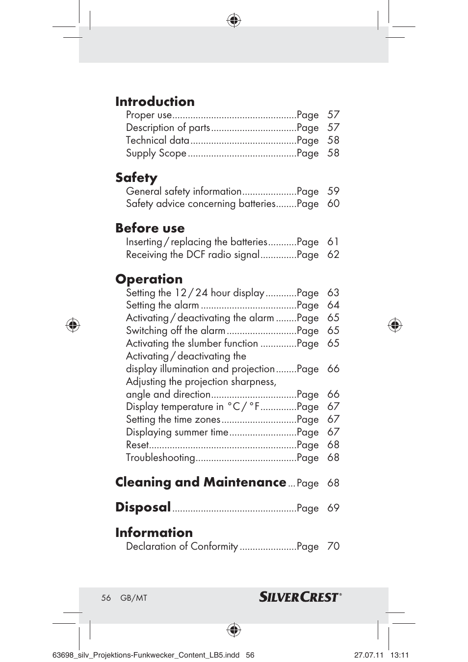 Introduction, Safety, Before use | Operation, Cleaning and maintenance, Disposal, Information | Silvercrest Z30951A Z30951B Z30951C User Manual | Page 58 / 88