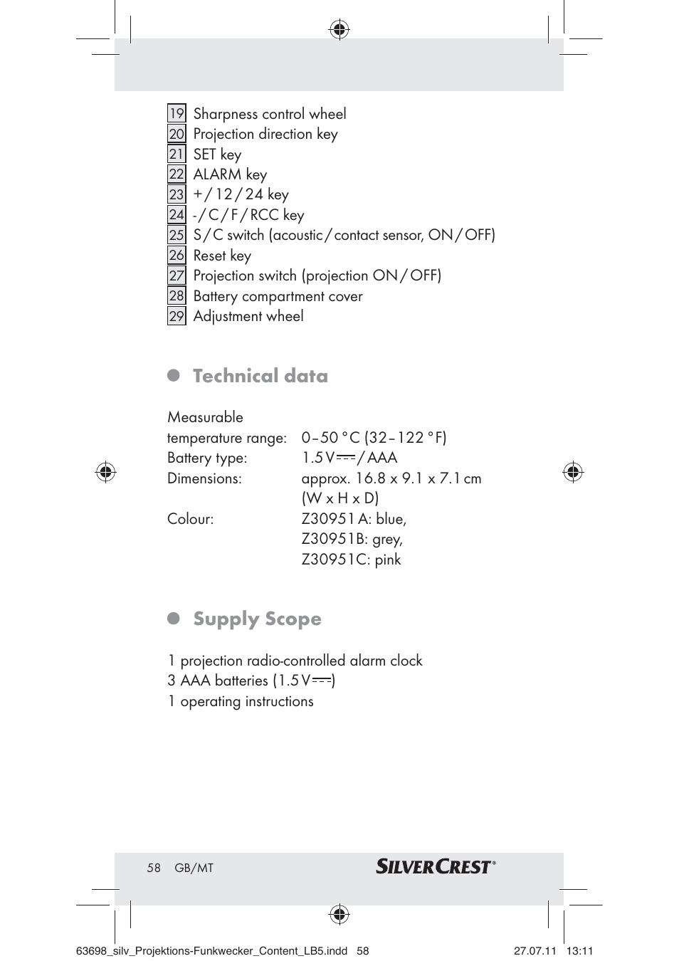 Technical data, Supply scope | Silvercrest Z30951A Z30951B Z30951C User Manual | Page 60 / 88