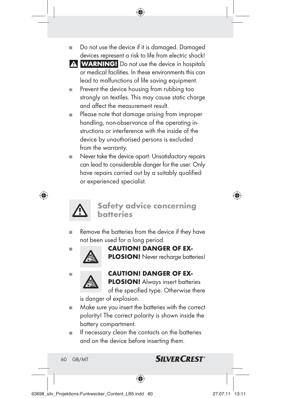 Safety advice concerning batteries | Silvercrest Z30951A Z30951B Z30951C User Manual | Page 62 / 88