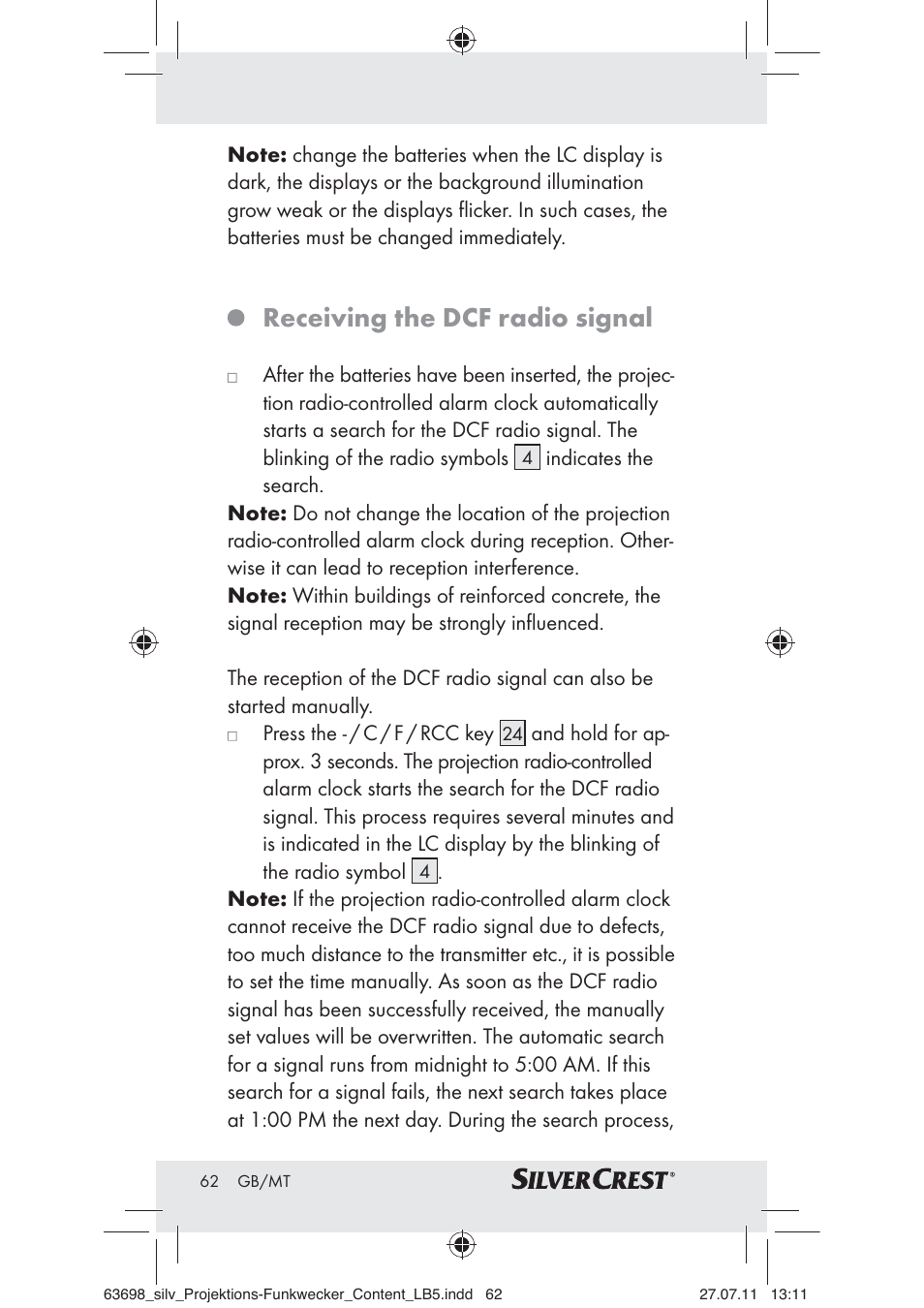Receiving the dcf radio signal | Silvercrest Z30951A Z30951B Z30951C User Manual | Page 64 / 88