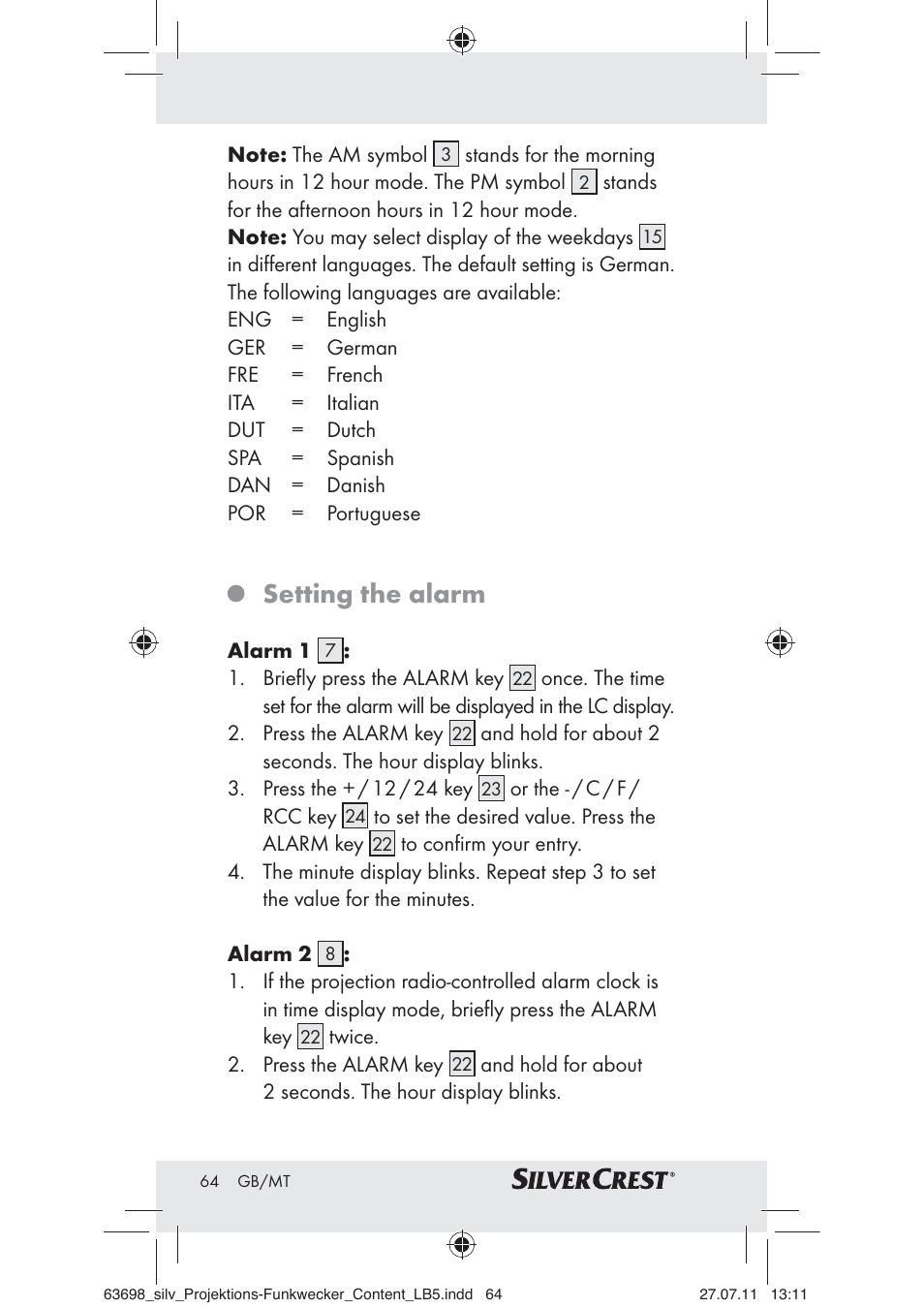 Setting the alarm | Silvercrest Z30951A Z30951B Z30951C User Manual | Page 66 / 88