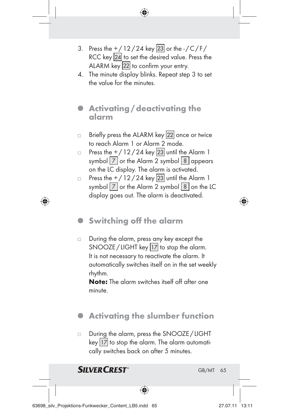 Activating / deactivating the alarm, Switching oﬀ the alarm, Activating the slumber function | Silvercrest Z30951A Z30951B Z30951C User Manual | Page 67 / 88