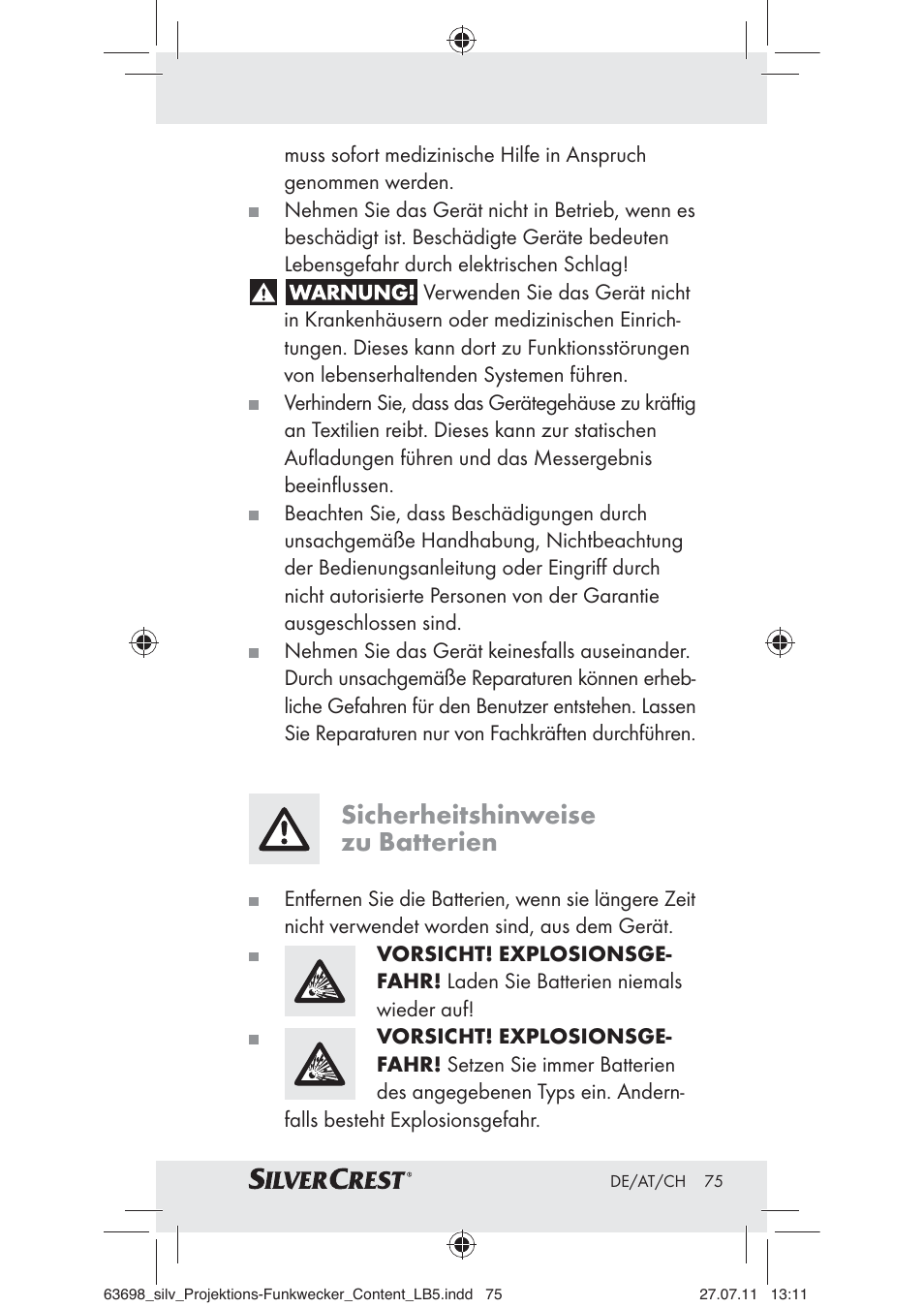 Sicherheitshinweise zu batterien | Silvercrest Z30951A Z30951B Z30951C User Manual | Page 77 / 88