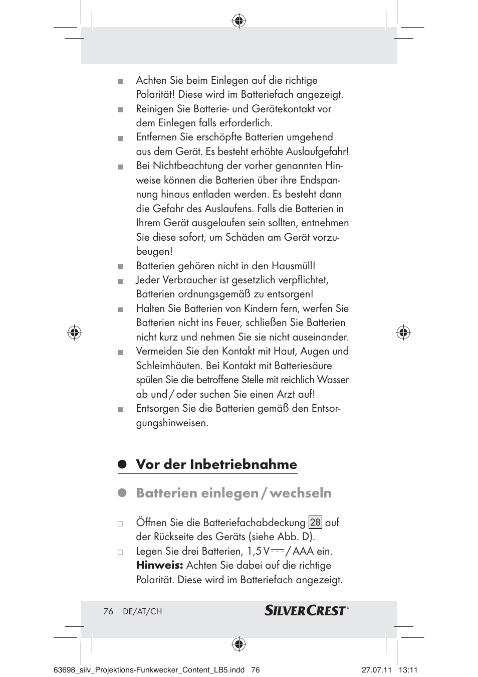 Vor der inbetriebnahme, Batterien einlegen / wechseln | Silvercrest Z30951A Z30951B Z30951C User Manual | Page 78 / 88