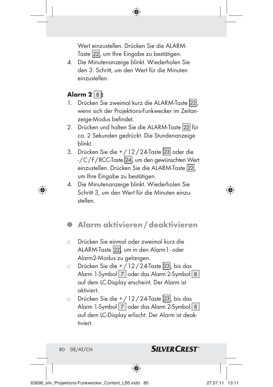 Alarm aktivieren / deaktivieren | Silvercrest Z30951A Z30951B Z30951C User Manual | Page 82 / 88