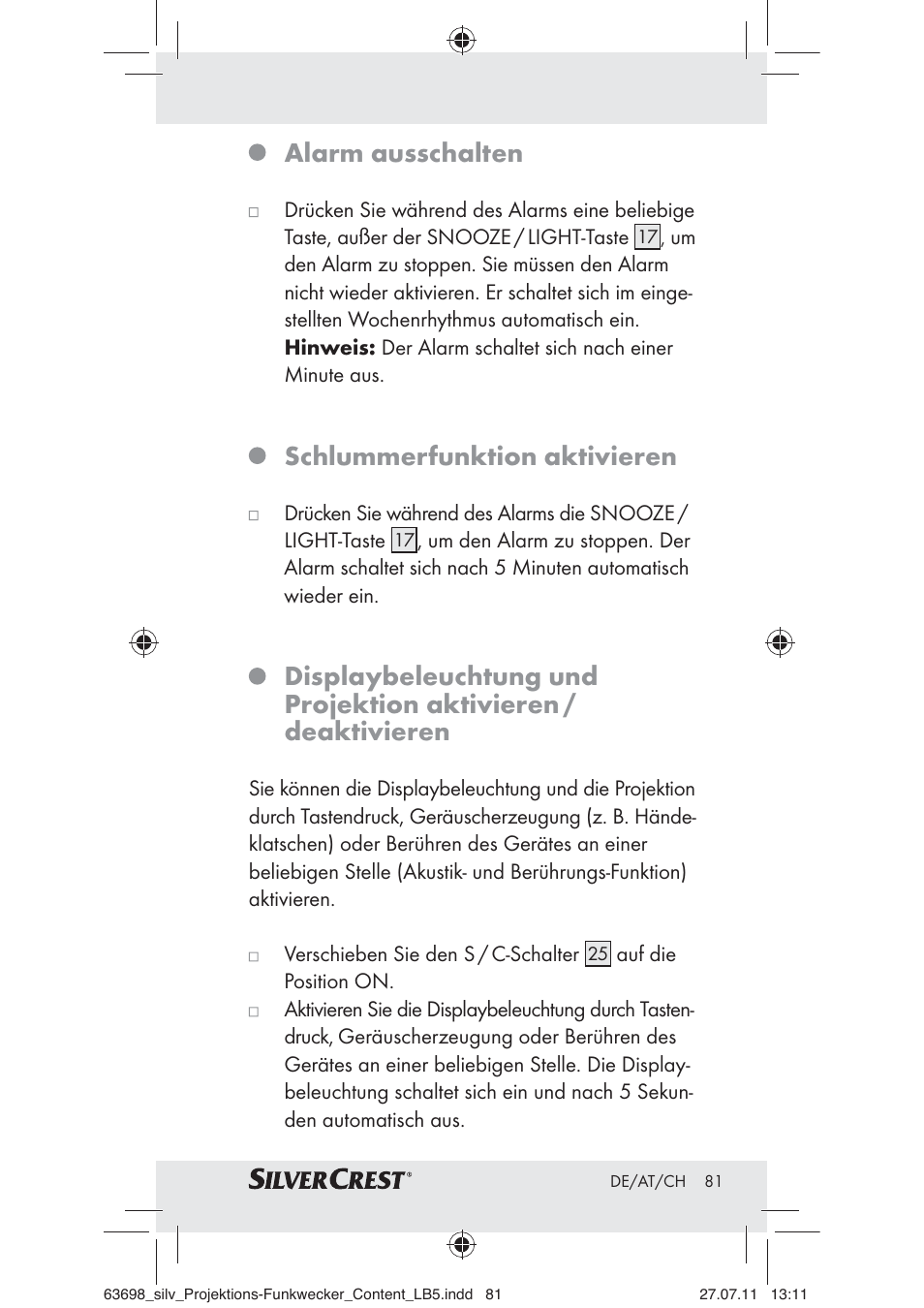 Alarm ausschalten, Schlummerfunktion aktivieren | Silvercrest Z30951A Z30951B Z30951C User Manual | Page 83 / 88