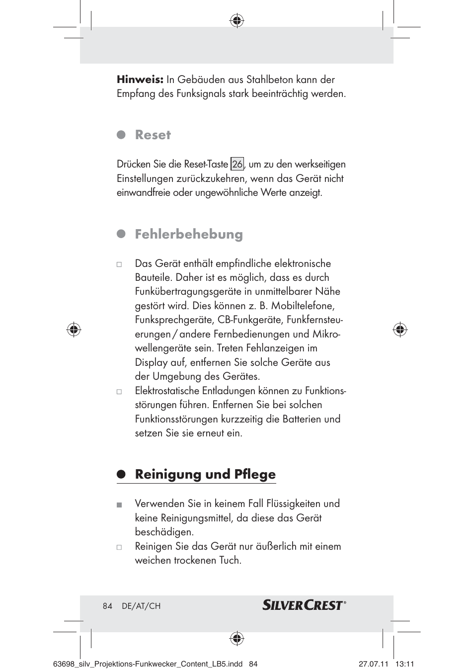 Reset, Fehlerbehebung, Reinigung und pﬂege | Silvercrest Z30951A Z30951B Z30951C User Manual | Page 86 / 88