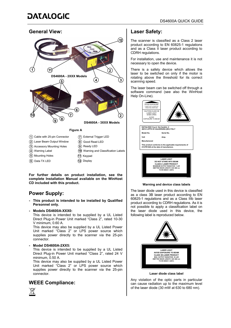 Datalogic Scanning Laser Barcode Reader DS4600A-2XX5 User Manual | 12 pages