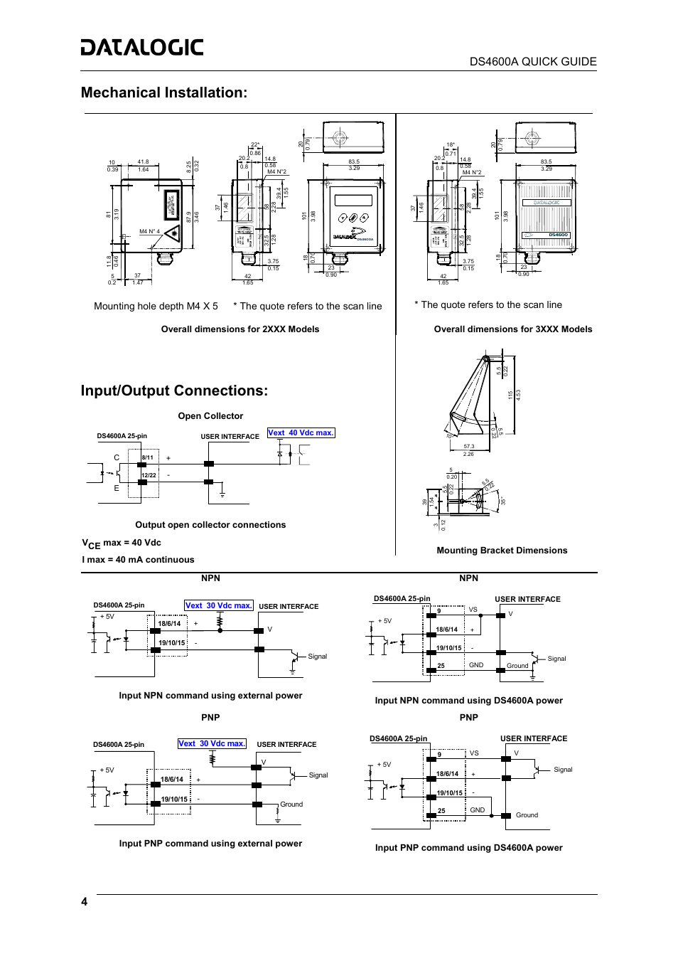Mechanical installation, Input/output connections, The quote refers to the scan line | Datalogic Scanning Laser Barcode Reader DS4600A-2XX5 User Manual | Page 4 / 12