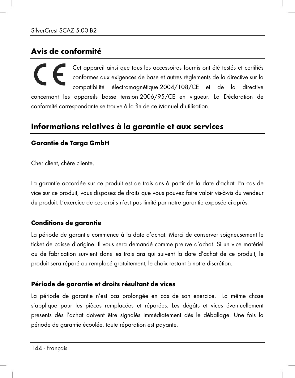 Avis de conformité | Silvercrest SCAZ 5.00 B2 User Manual | Page 146 / 296