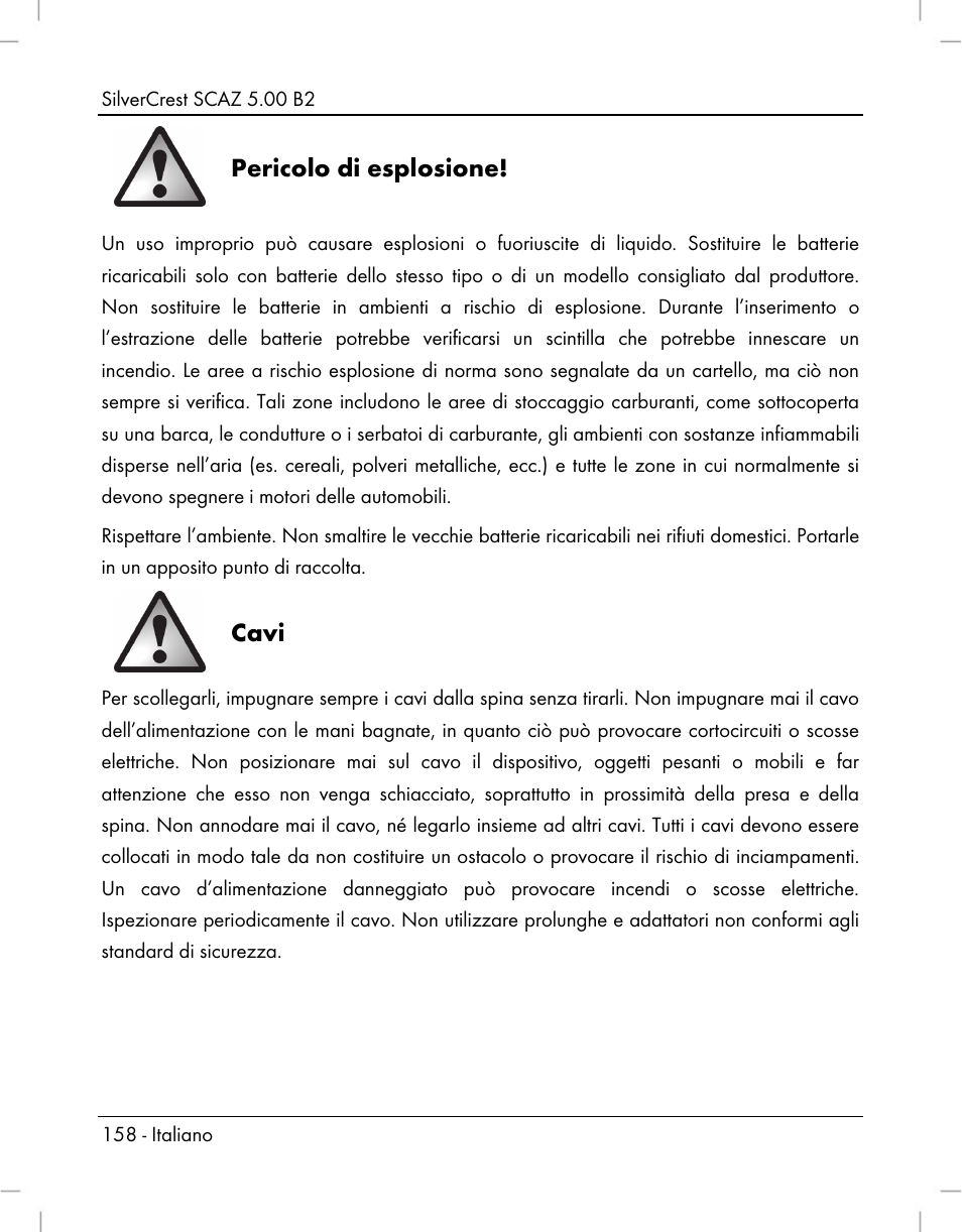 Pericolo di esplosione, Cavi | Silvercrest SCAZ 5.00 B2 User Manual | Page 160 / 296