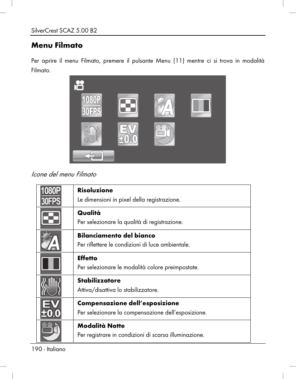 Menu filmato, Icone del menu filmato | Silvercrest SCAZ 5.00 B2 User Manual | Page 192 / 296