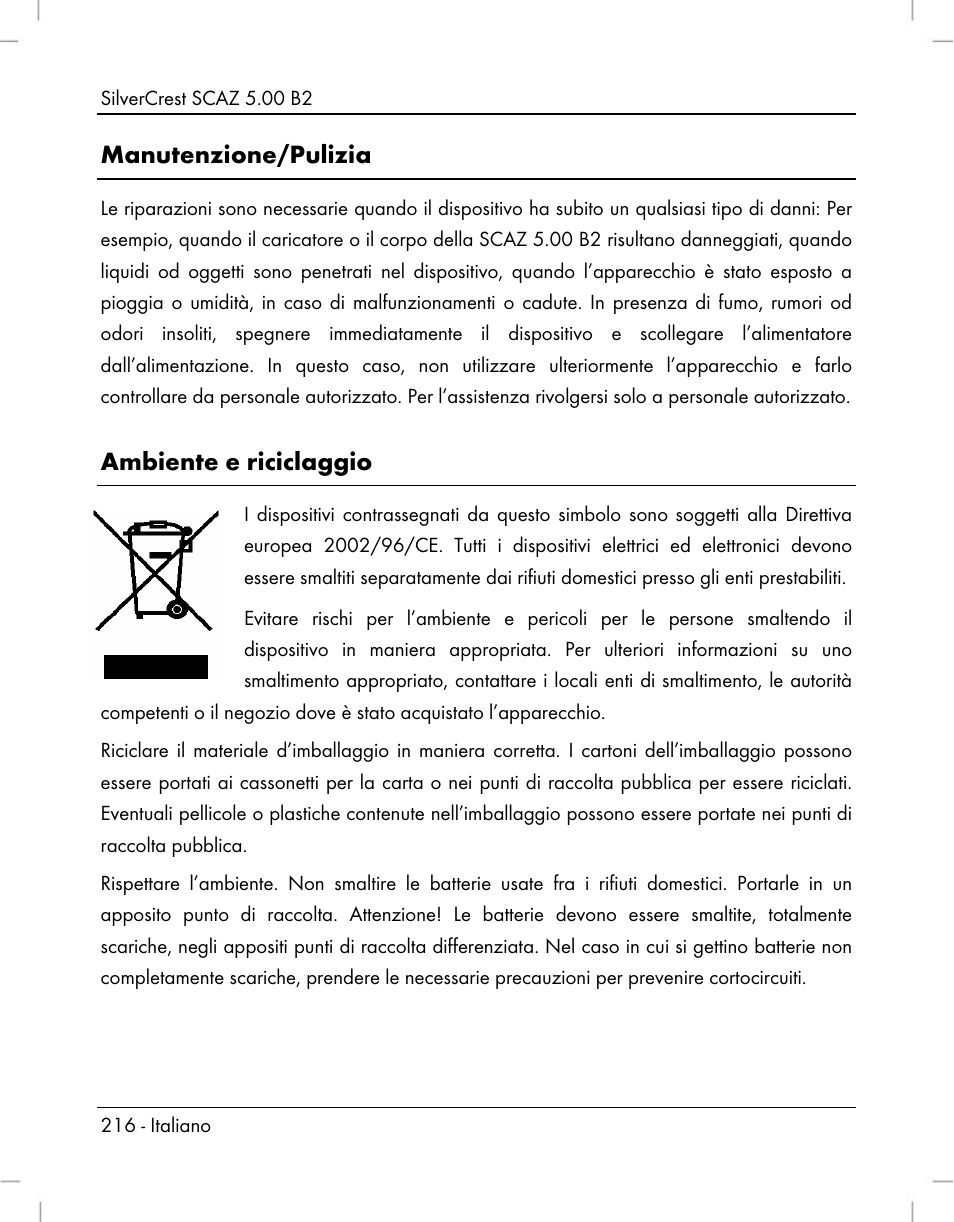 Manutenzione/pulizia, Ambiente e riciclaggio | Silvercrest SCAZ 5.00 B2 User Manual | Page 218 / 296