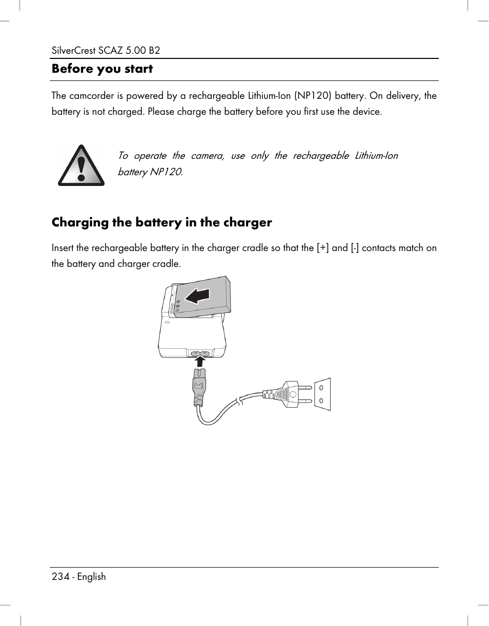 Before you start, Charging the battery in the charger | Silvercrest SCAZ 5.00 B2 User Manual | Page 236 / 296