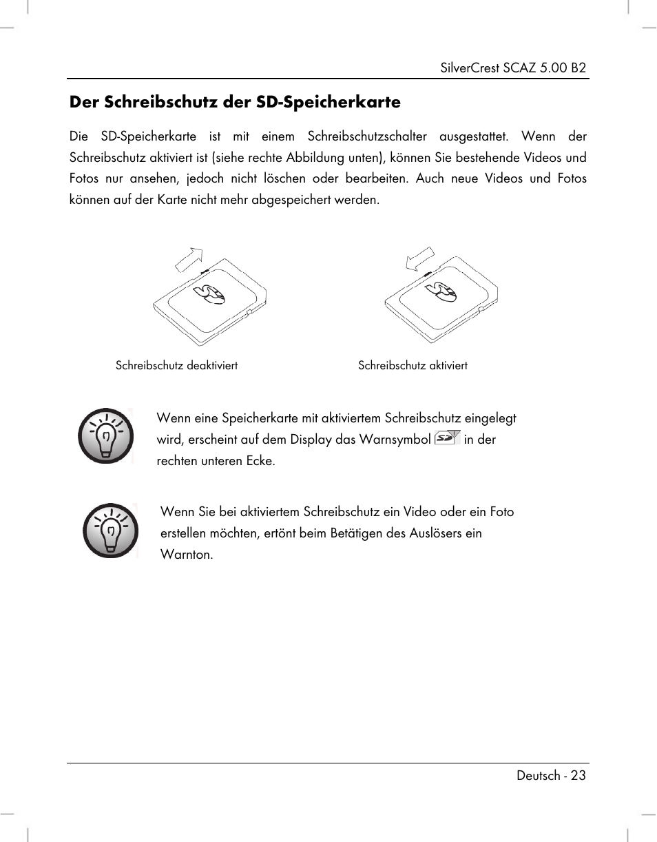 Der schreibschutz der sd-speicherkarte | Silvercrest SCAZ 5.00 B2 User Manual | Page 25 / 296