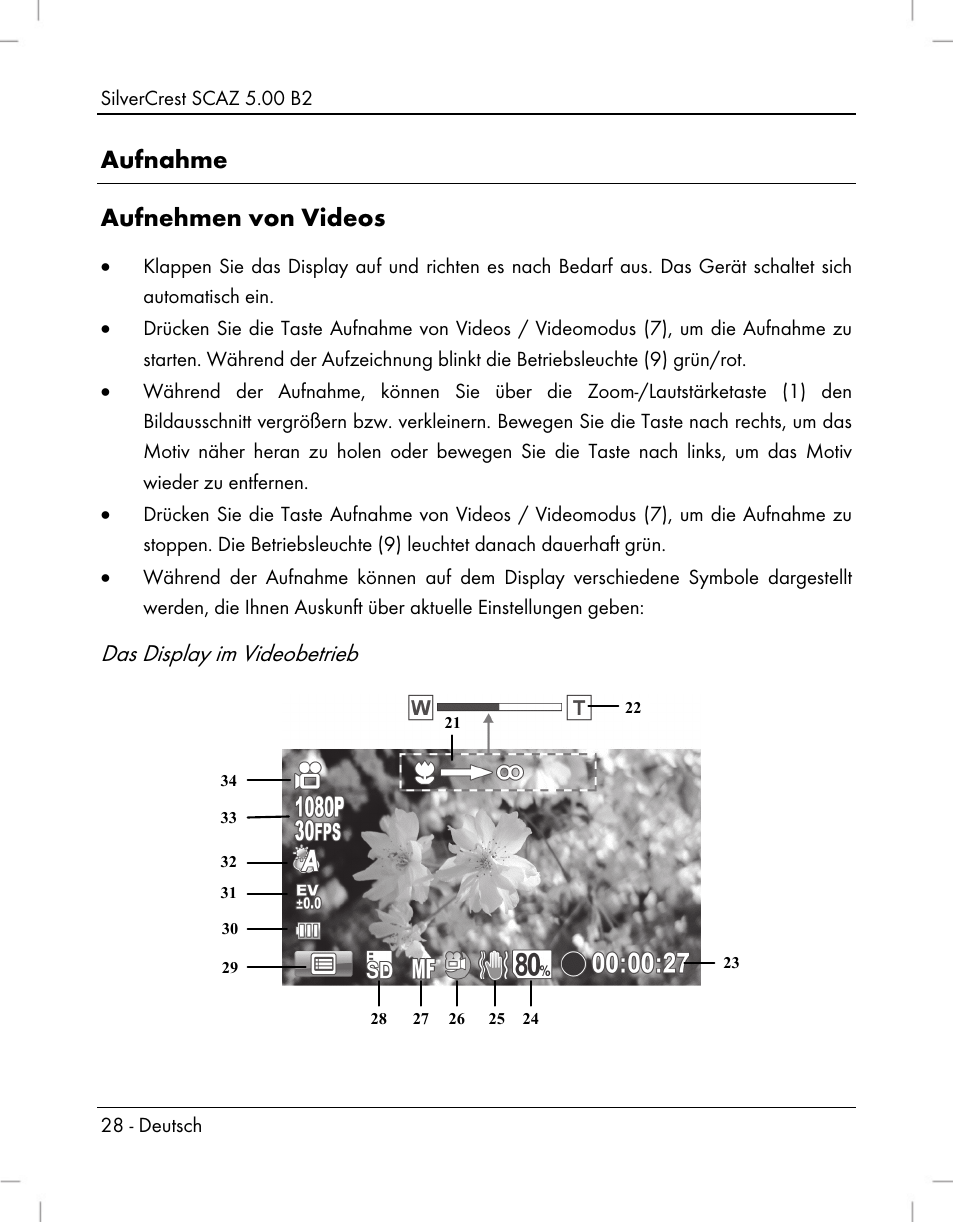 Aufnahme aufnehmen von videos, Das display im videobetrieb | Silvercrest SCAZ 5.00 B2 User Manual | Page 30 / 296