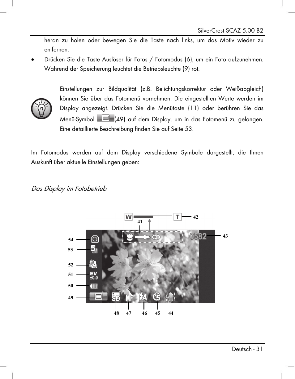 Das display im fotobetrieb | Silvercrest SCAZ 5.00 B2 User Manual | Page 33 / 296