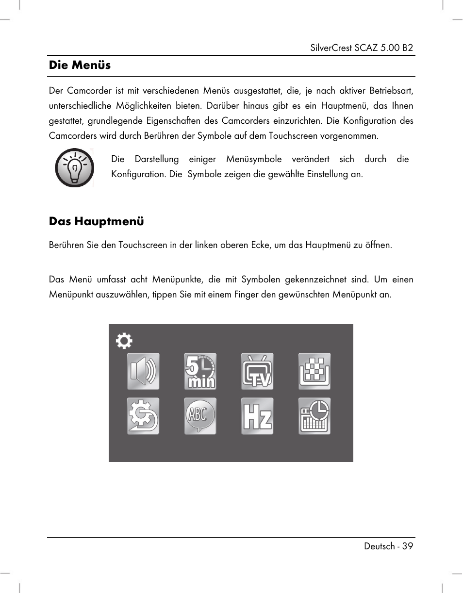 Die menüs, Das hauptmenü | Silvercrest SCAZ 5.00 B2 User Manual | Page 41 / 296