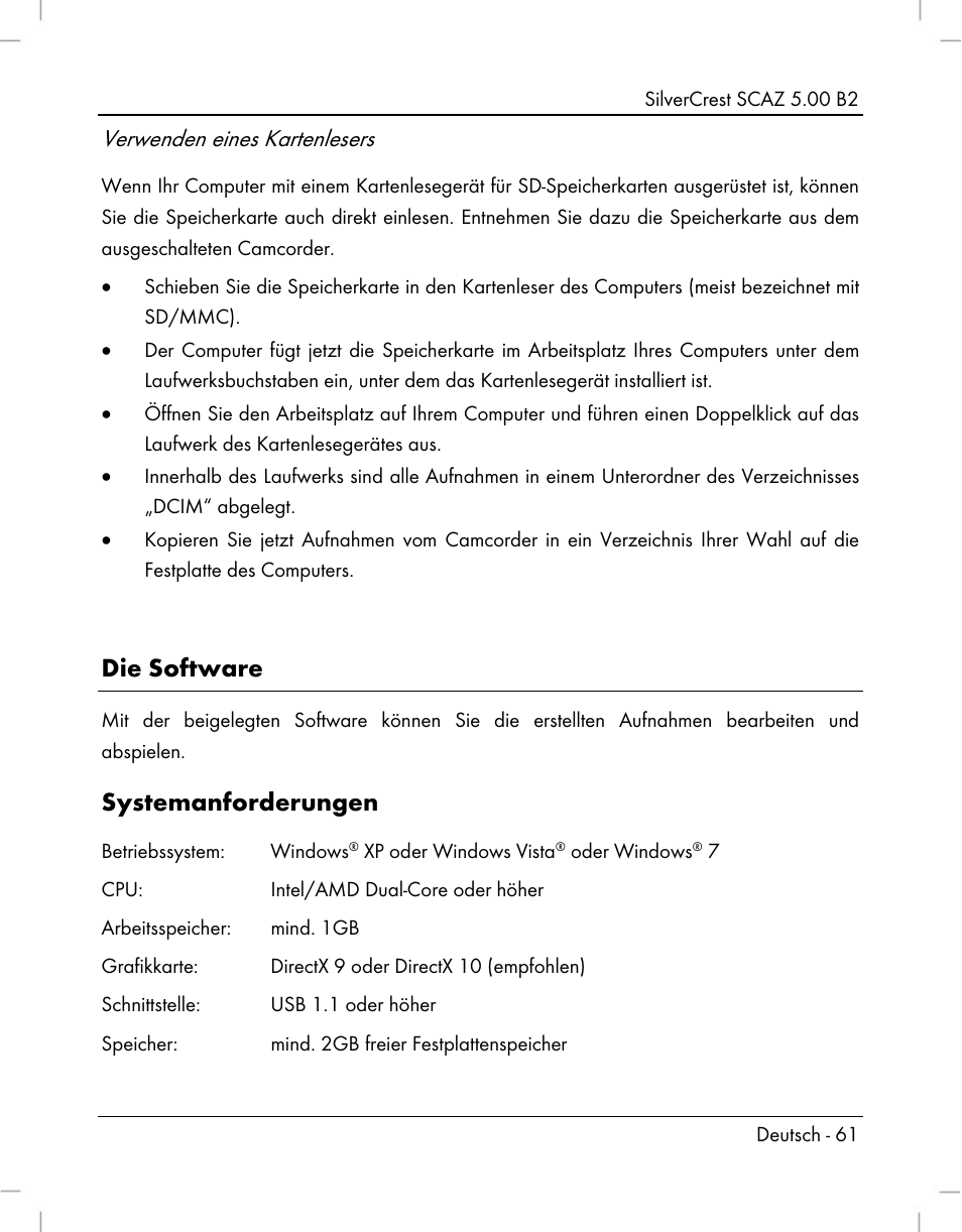 Die software, Systemanforderungen, Verwenden eines kartenlesers | Silvercrest SCAZ 5.00 B2 User Manual | Page 63 / 296